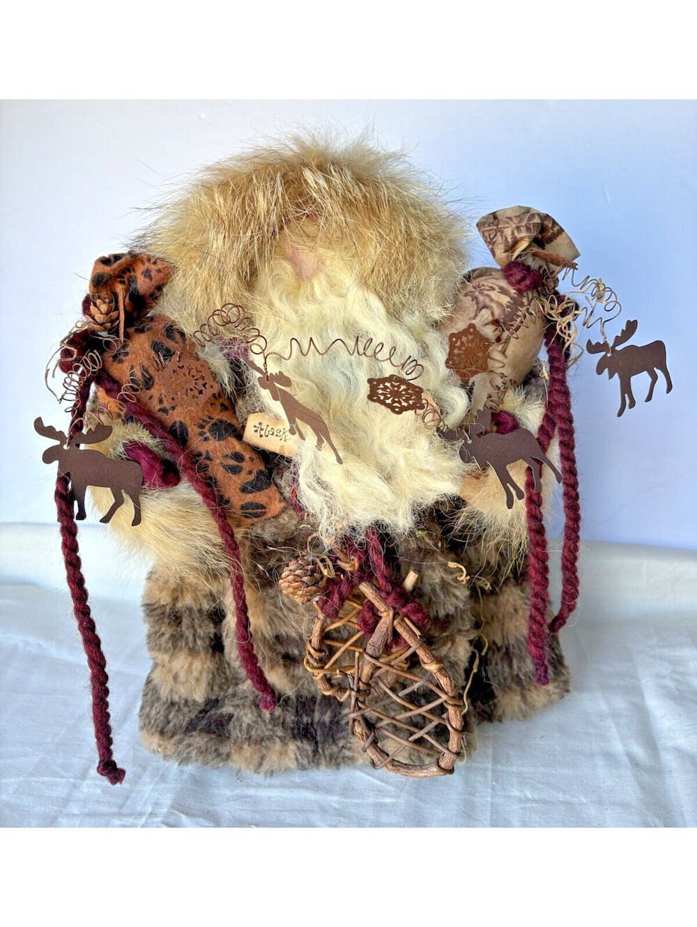 Santa Rustic Handmade Luxury Alaska OOAK, Fur, Metal Moose Garland, Signed 12”